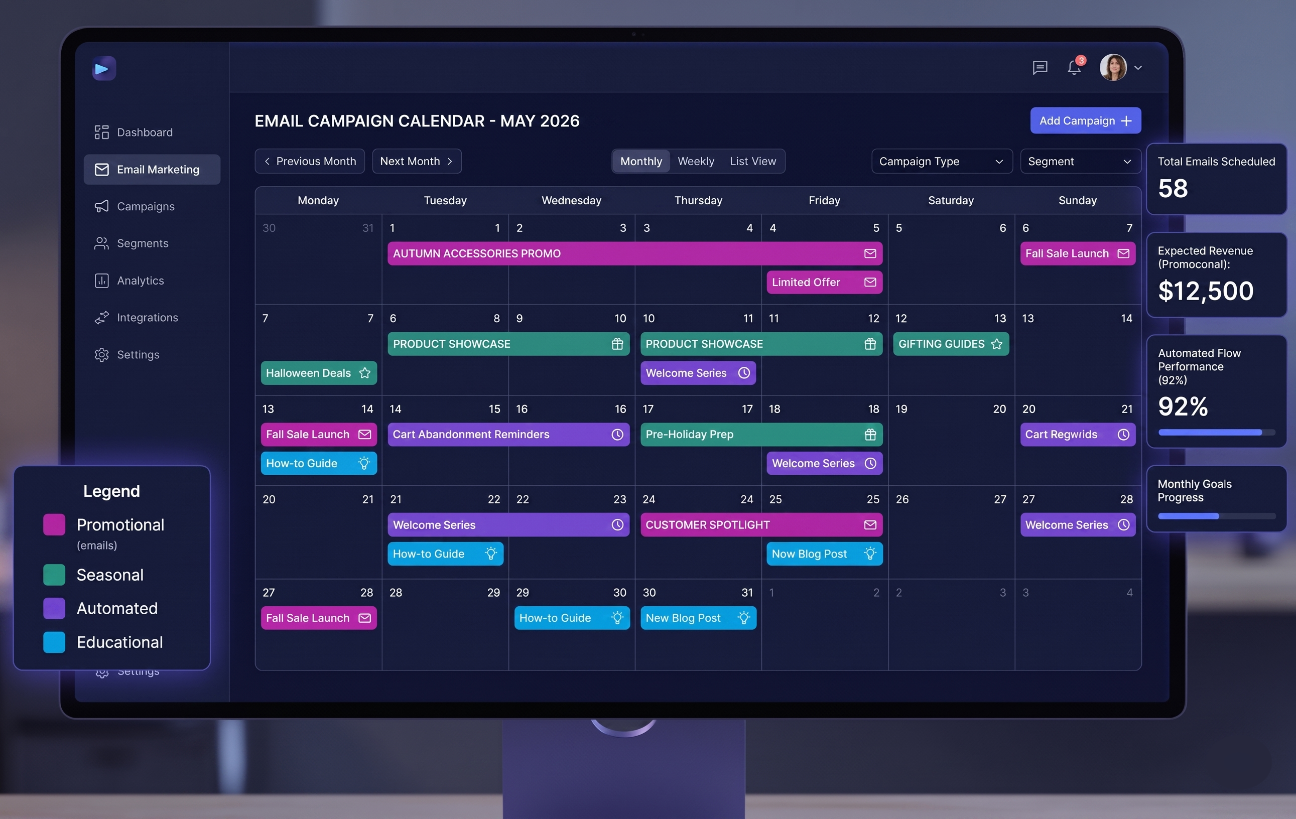 Ecommerce email marketing calendar with campaign types and send schedule