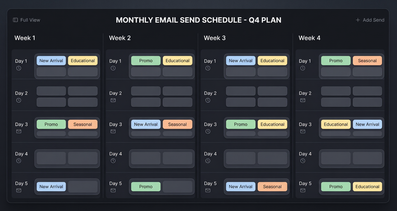 Email marketing calendar showing monthly send schedule and campaign types