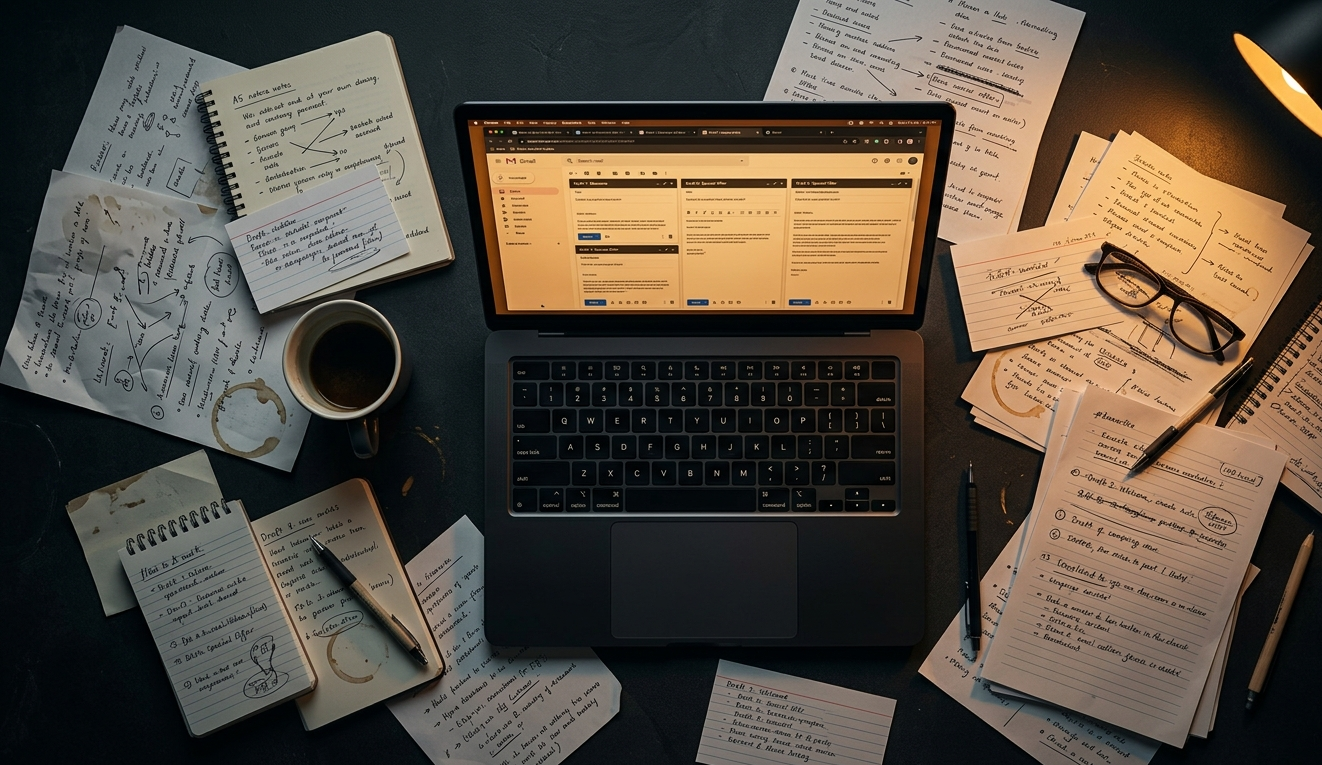 A kampányidő probléma — tele íróasztal email piszkozatokkal